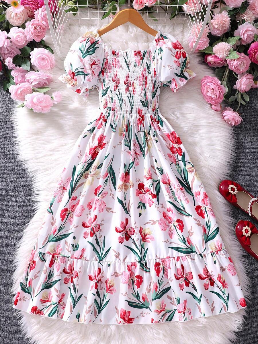 Tween girls black and white geometric short sleeve midi dress with square neck and bow front decor