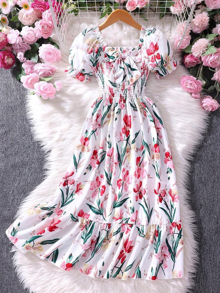 Tween girls black and white geometric short sleeve midi dress with square neck and bow front decor