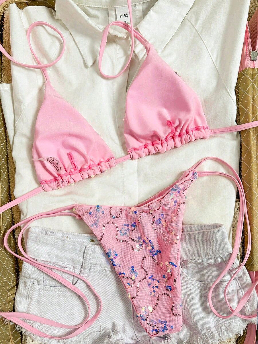 Women's sequin textured halter triangle bikini top and high-waist side tie bikini bottom swimsuit set