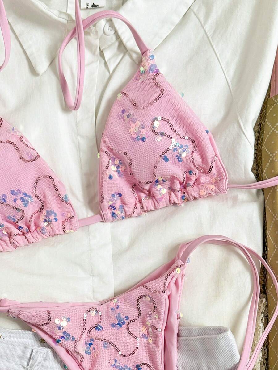 Women's sequin textured halter triangle bikini top and high-waist side tie bikini bottom swimsuit set