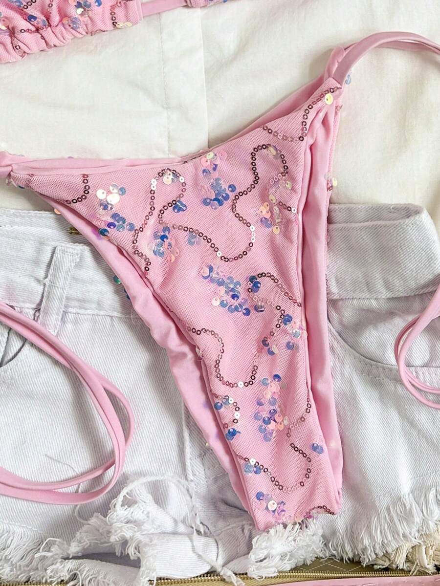 Women's sequin textured halter triangle bikini top and high-waist side tie bikini bottom swimsuit set