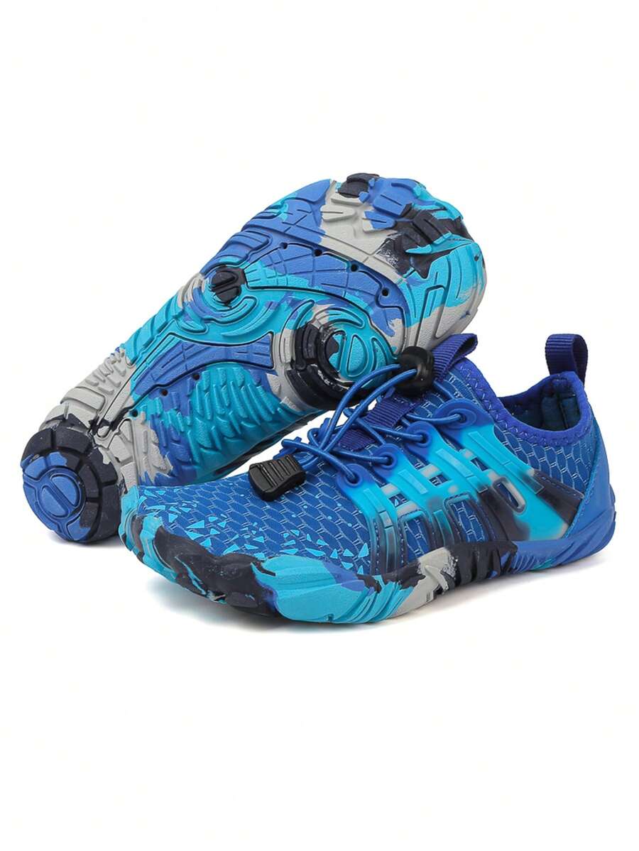 Apricot children's water shoes featuring slip-on fabric uppers, drawstring details, and rubber soles for beach play.