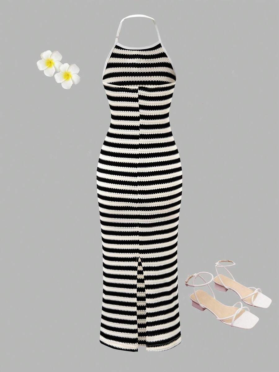 Tween girls sleeveless striped midi dress with spaghetti straps, slim fit silhouette, pocket detail, straight hem, and casual everyday style.