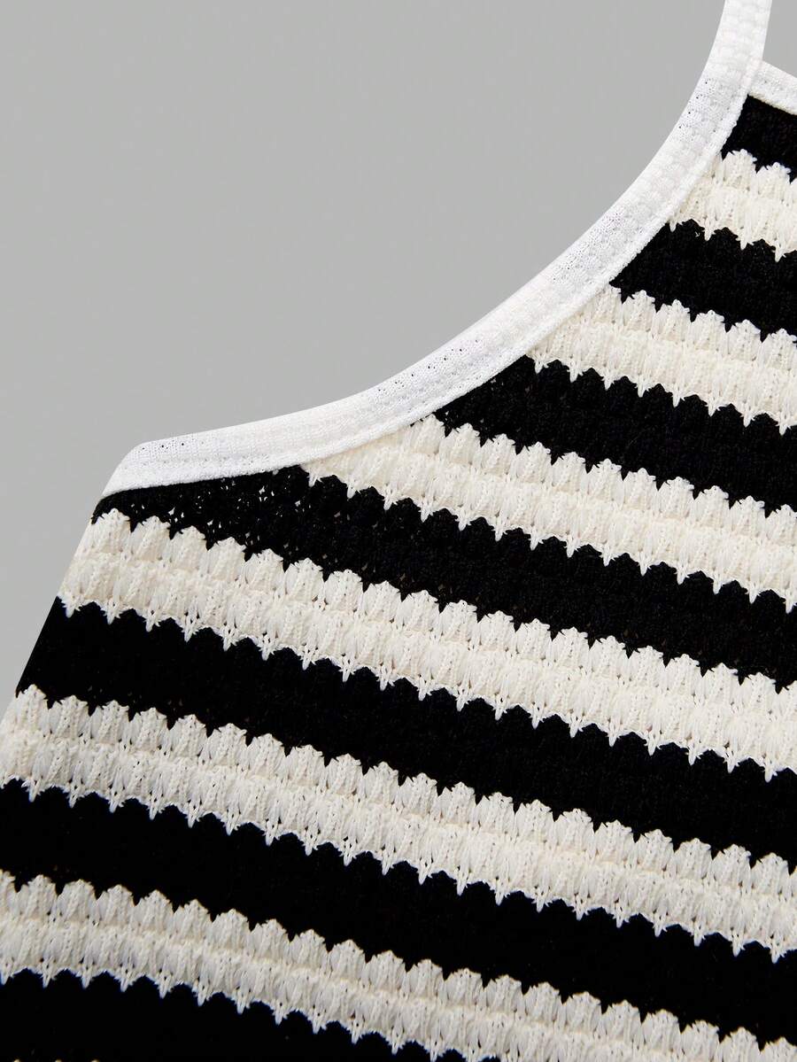 Tween girls sleeveless striped midi dress with spaghetti straps, slim fit silhouette, pocket detail, straight hem, and casual everyday style.