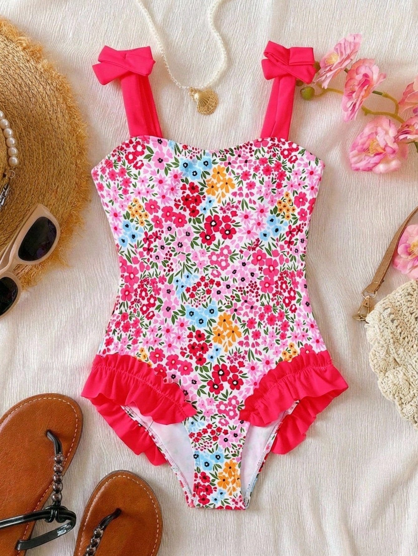 Girls' multicolor one-piece swimsuit with floral plant print, bow detail, asymmetrical ruffle accent, strap neckline, and lined body for beach vacations.