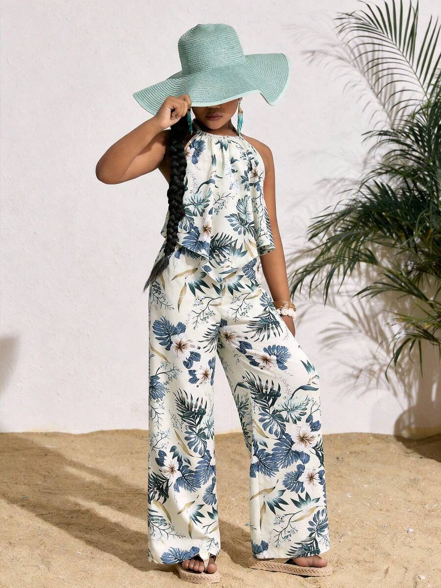 Tween girls casual apricot striped two-piece set featuring a sleeveless halter short top with curved hem and matching long pants.
