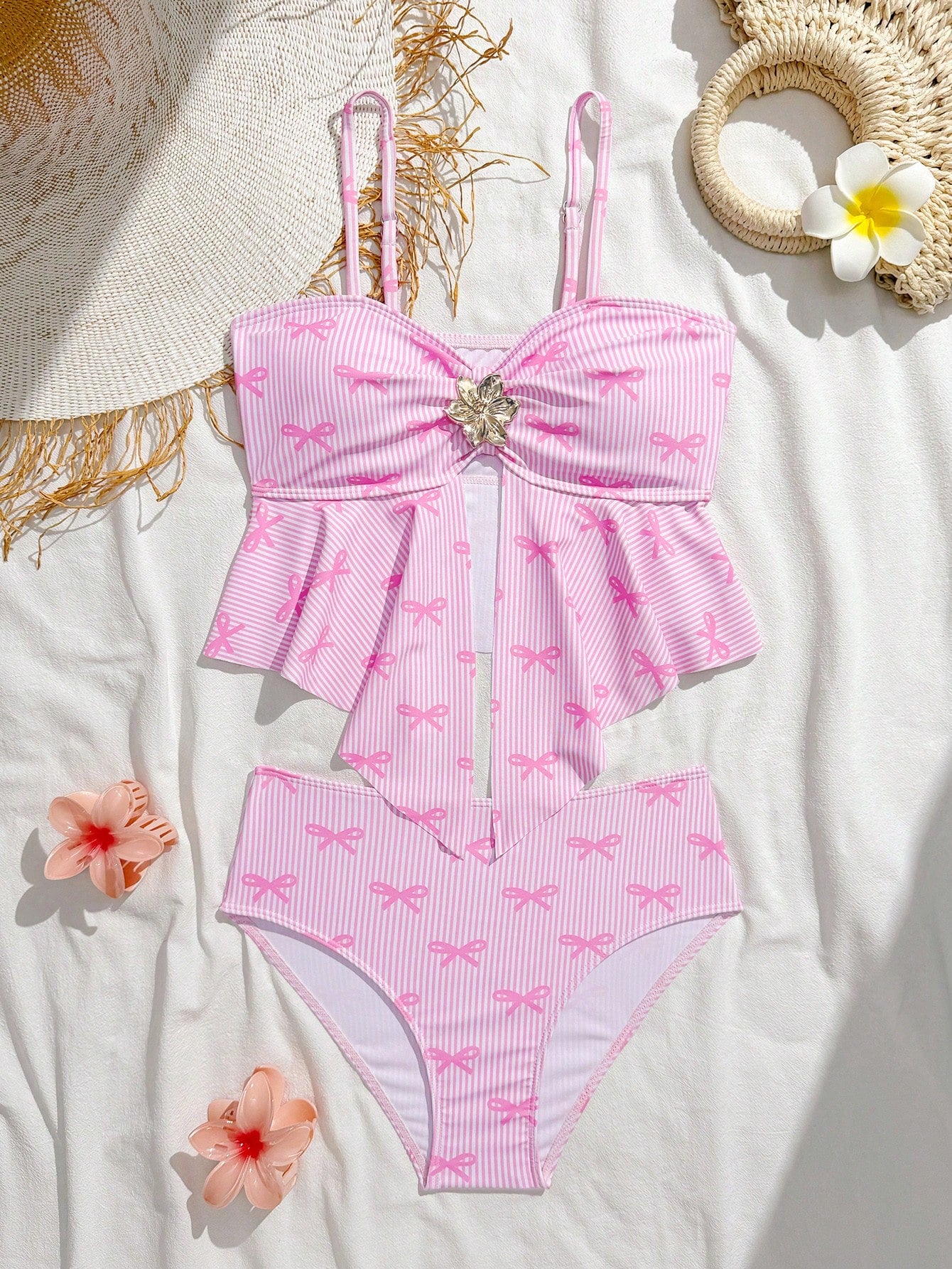 Tween girls 2-piece tankini swimwear set in apricot with a textured jacquard look, asymmetrical spaghetti-strap sleeveless top, and matching mid-waist short bikini bottoms.
