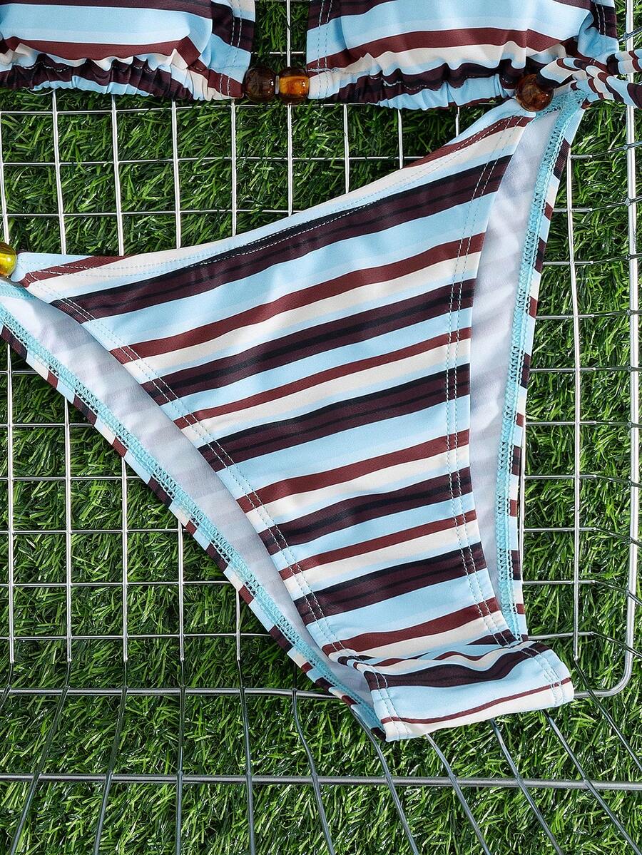 Multicolor women's 2-piece halter triangle bikini set featuring tie-side bottoms and removable padding for beach vacation.