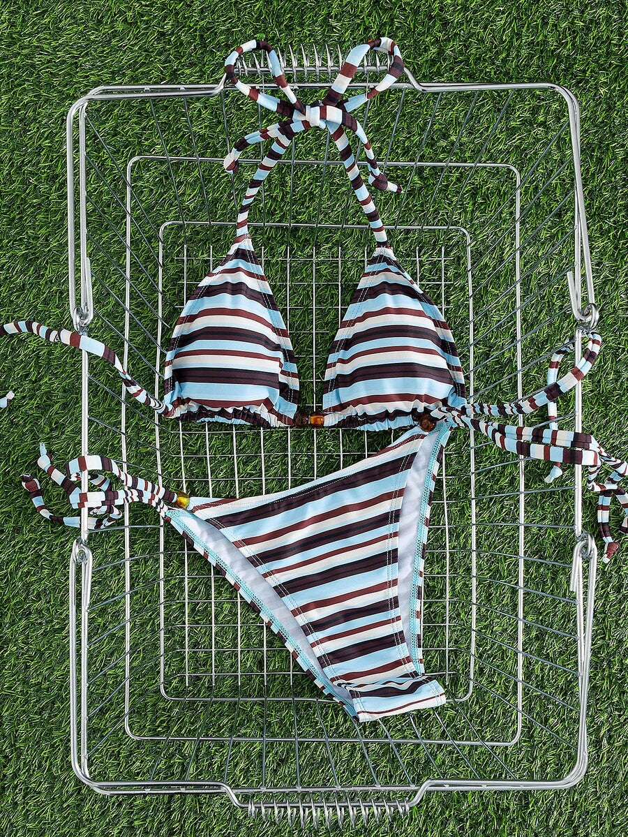 Multicolor women's 2-piece halter triangle bikini set featuring tie-side bottoms and removable padding for beach vacation.