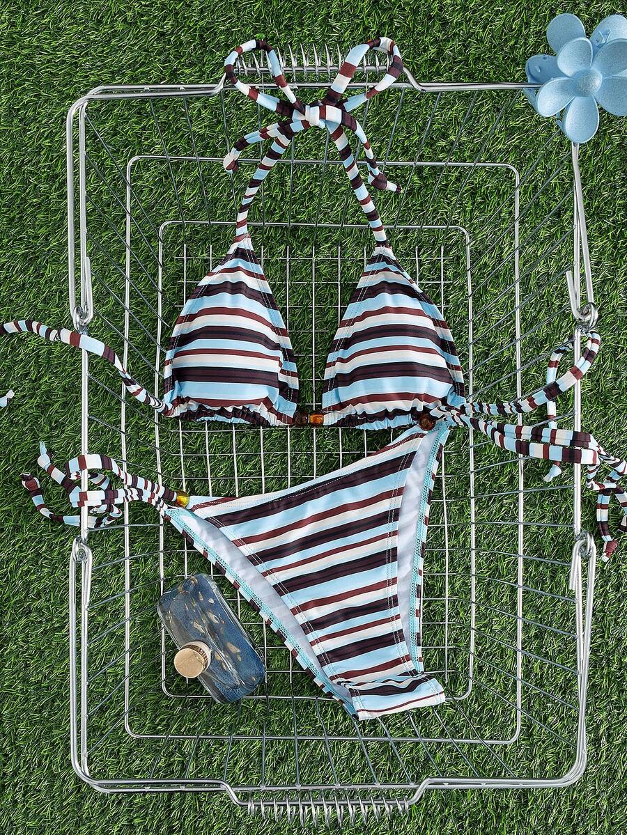Multicolor women's 2-piece halter triangle bikini set featuring tie-side bottoms and removable padding for beach vacation.