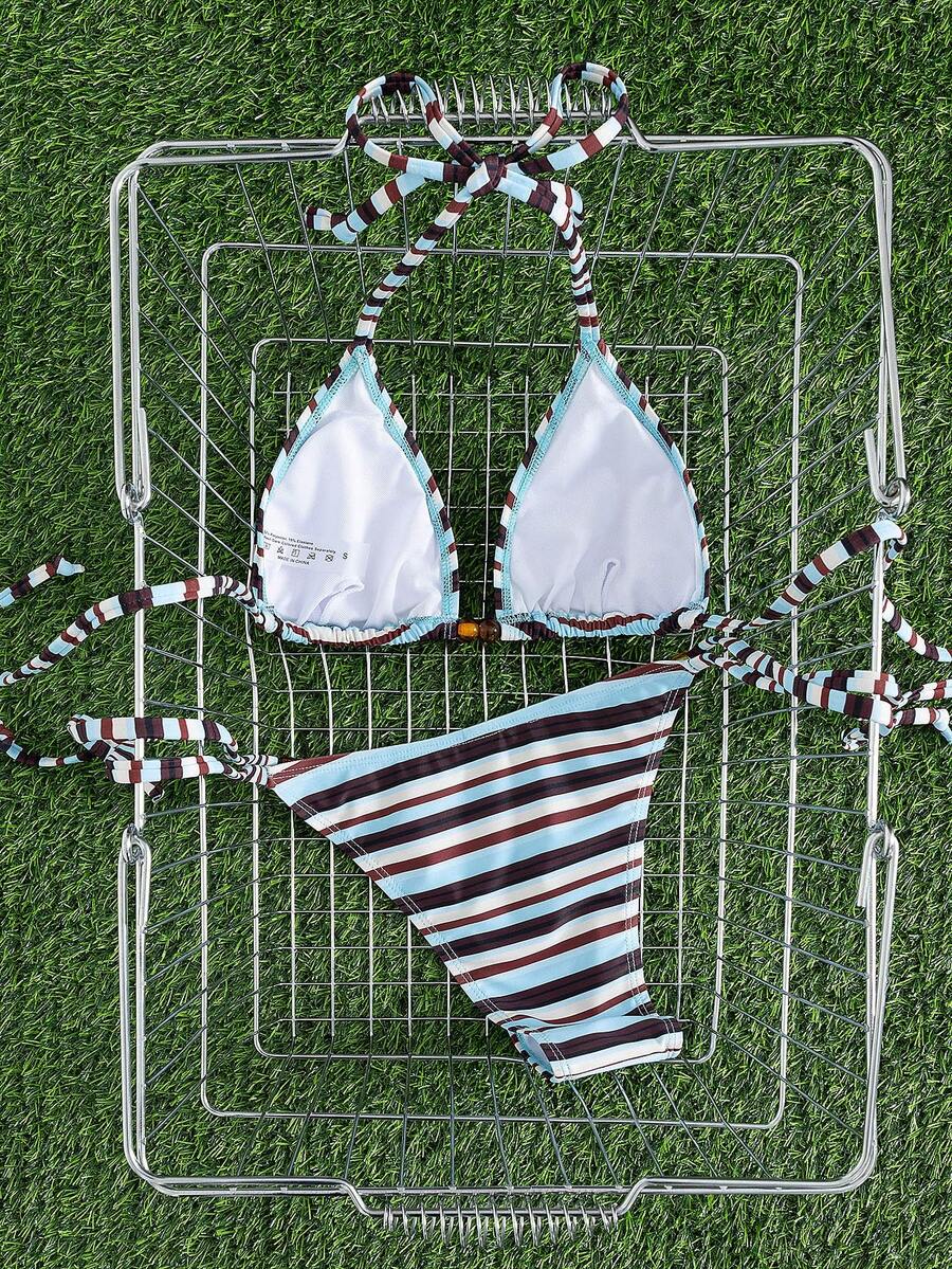 Multicolor women's 2-piece halter triangle bikini set featuring tie-side bottoms and removable padding for beach vacation.