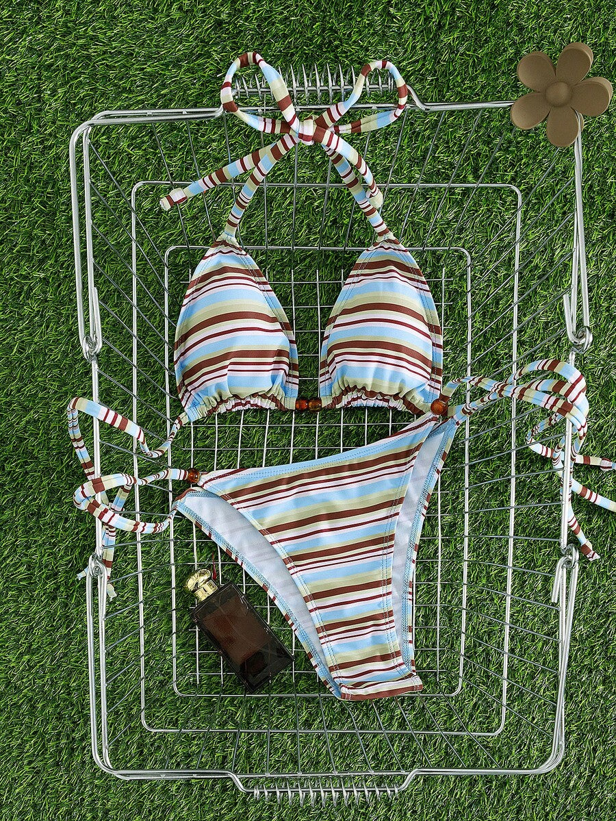 Multicolor women's 2-piece halter triangle bikini set featuring tie-side bottoms and removable padding for beach vacation.