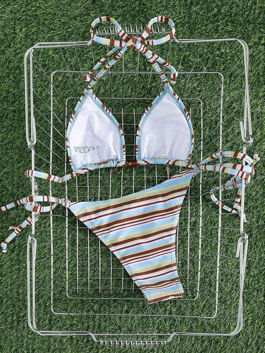 Multicolor women's 2-piece halter triangle bikini set featuring tie-side bottoms and removable padding for beach vacation.