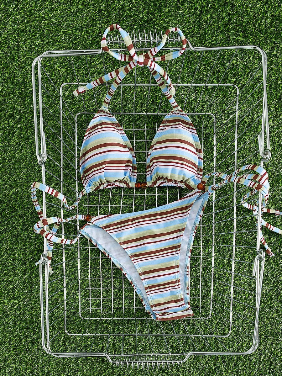 Multicolor women's 2-piece halter triangle bikini set featuring tie-side bottoms and removable padding for beach vacation.