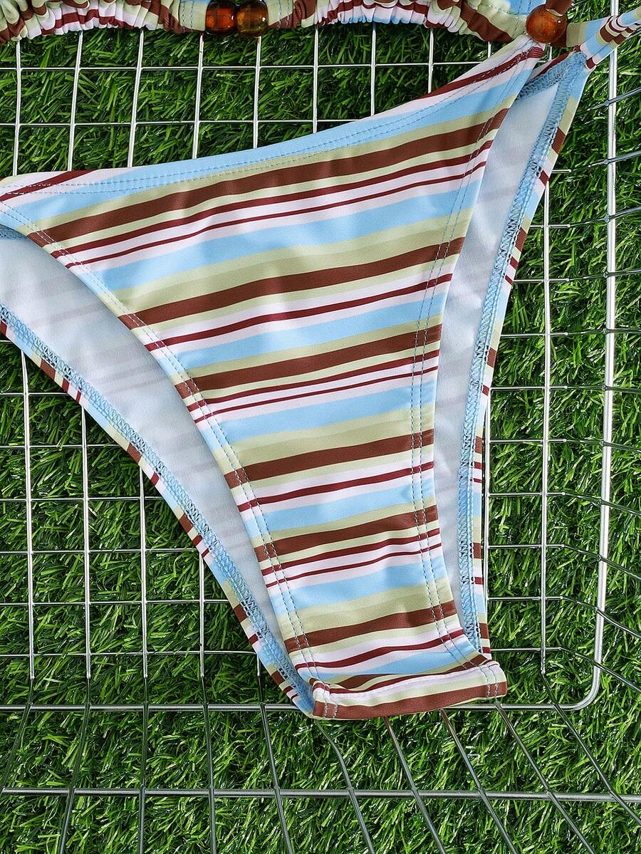 Multicolor women's 2-piece halter triangle bikini set featuring tie-side bottoms and removable padding for beach vacation.