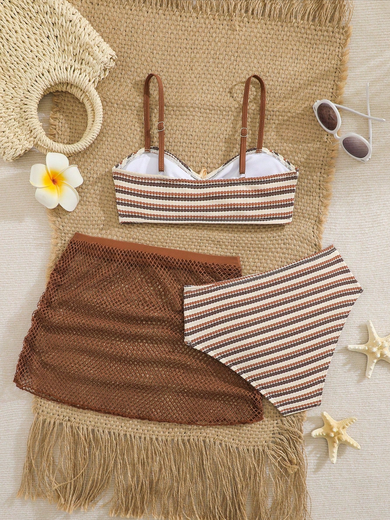 Pink Summer Cute Beach Holiday Tween Girl Elegant Bikini Set With Starfish Decor,Ruffle Beach Dress 3-Piece Children's Swimwear For Teenagers,Vacation