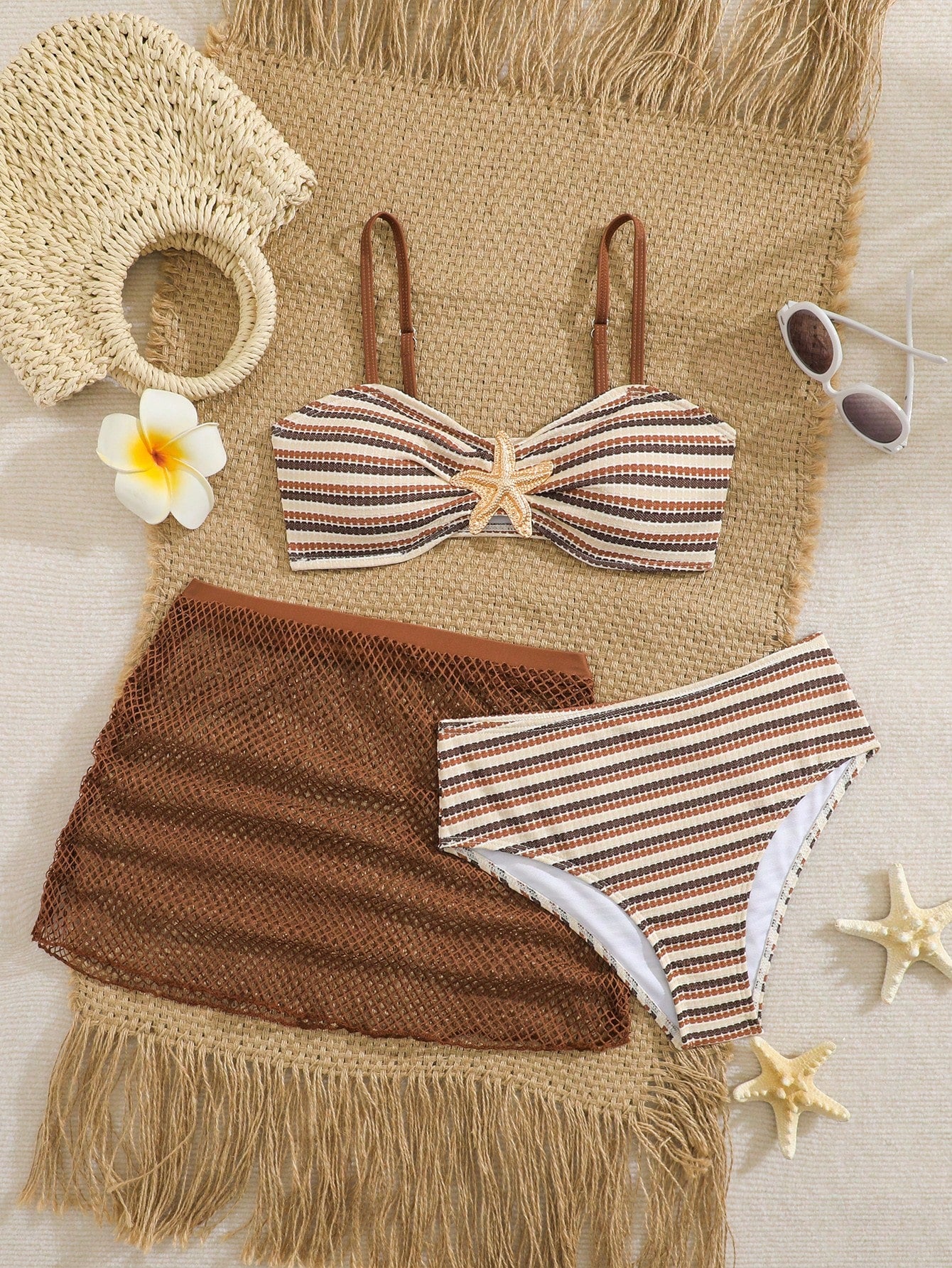 Pink Summer Cute Beach Holiday Tween Girl Elegant Bikini Set With Starfish Decor,Ruffle Beach Dress 3-Piece Children's Swimwear For Teenagers,Vacation