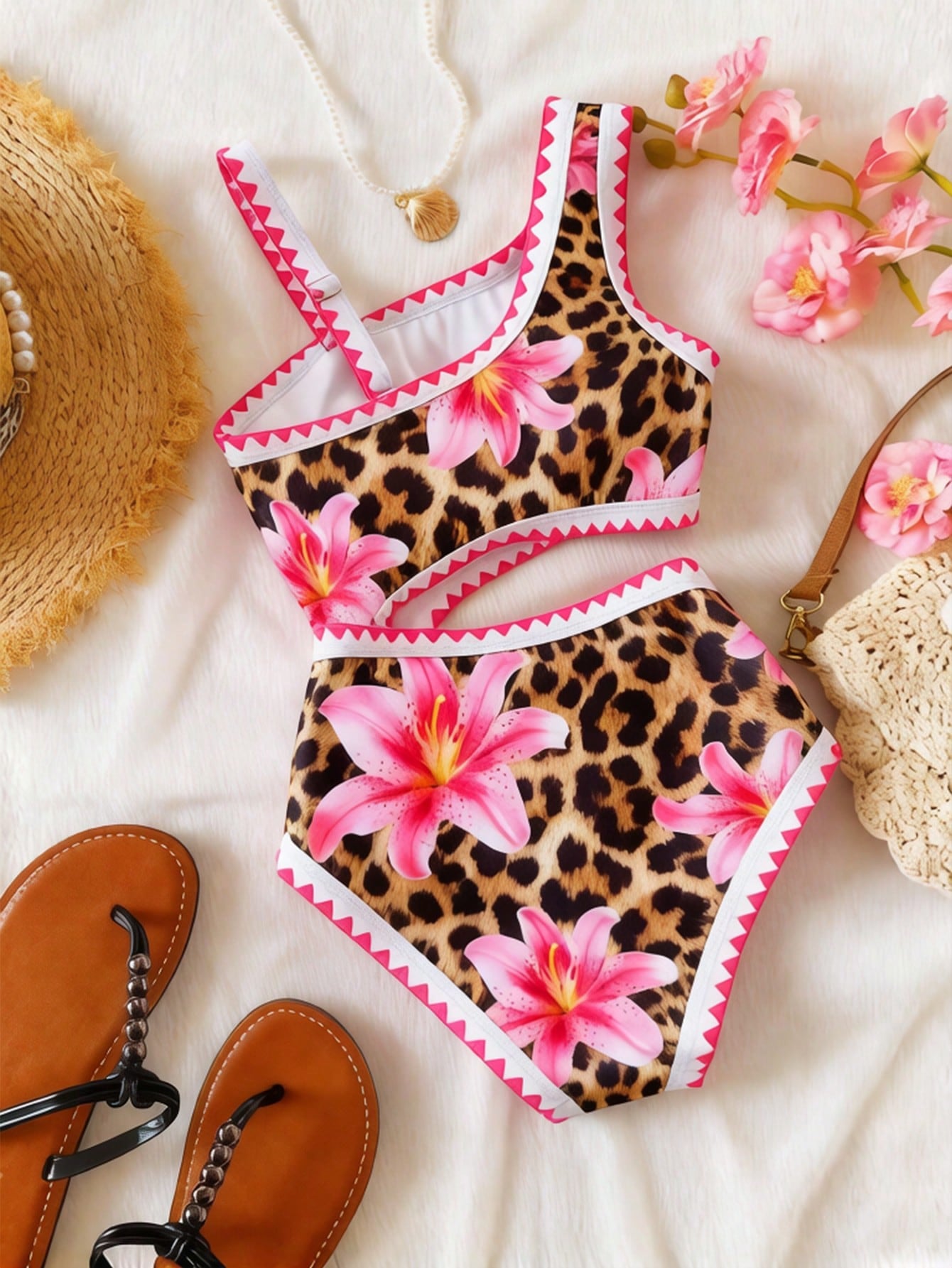 Tween girls one-piece swimsuit featuring an asymmetric neckline, pendant decor, plain design, wireless bra, high-cut bottom, and medium-stretch fabric.