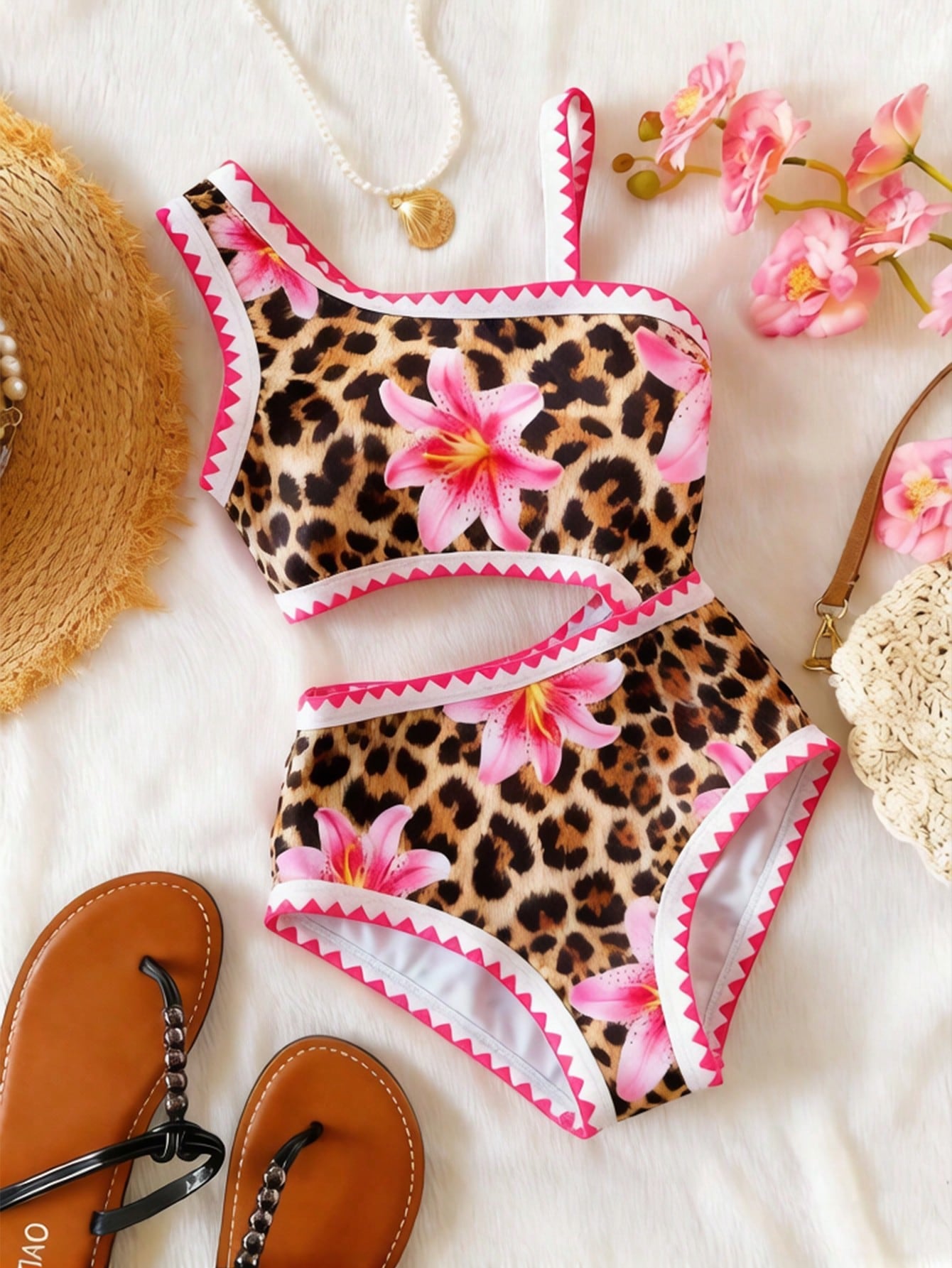 Tween girls one-piece swimsuit featuring an asymmetric neckline, pendant decor, plain design, wireless bra, high-cut bottom, and medium-stretch fabric.