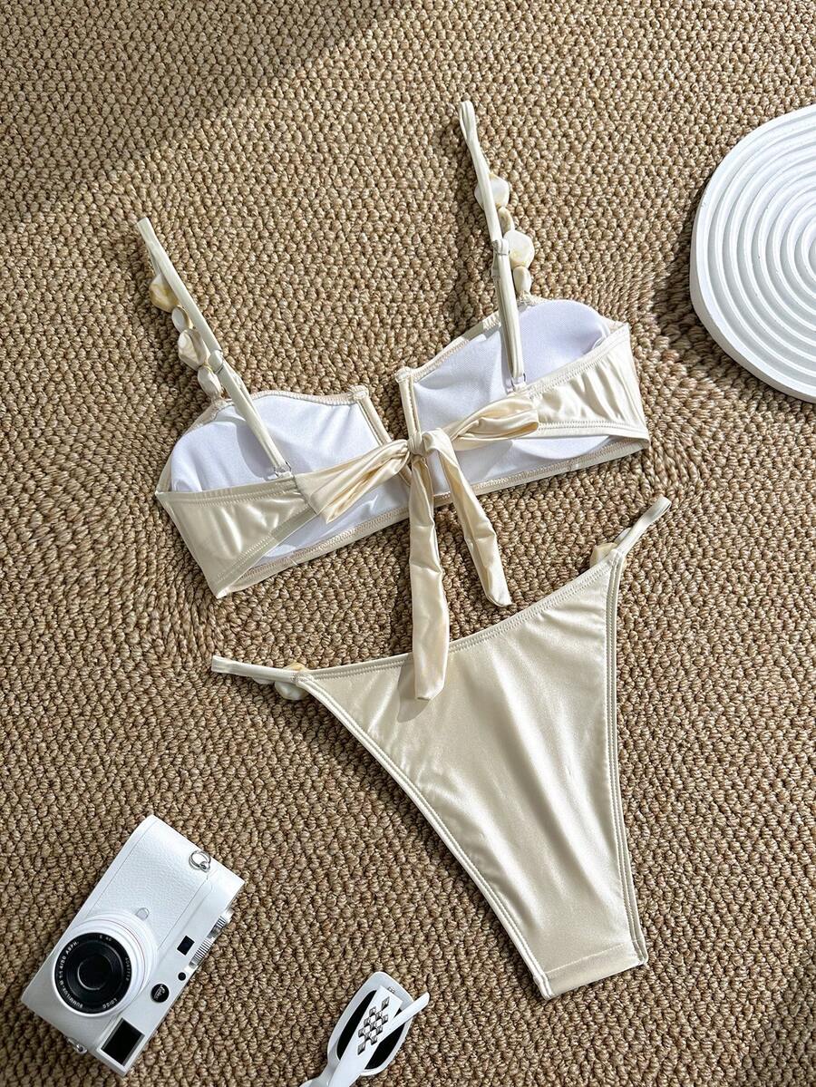 Apricot high waist two-piece bikini set for women featuring V-wired bandeau top with shell decor and high stretch swimwear fabric.