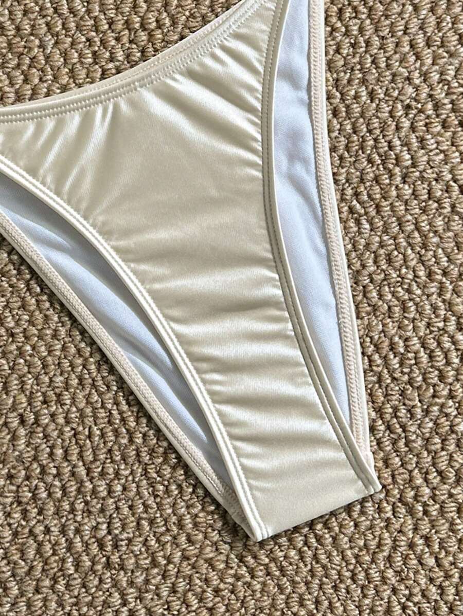 Apricot high waist two-piece bikini set for women featuring V-wired bandeau top with shell decor and high stretch swimwear fabric.