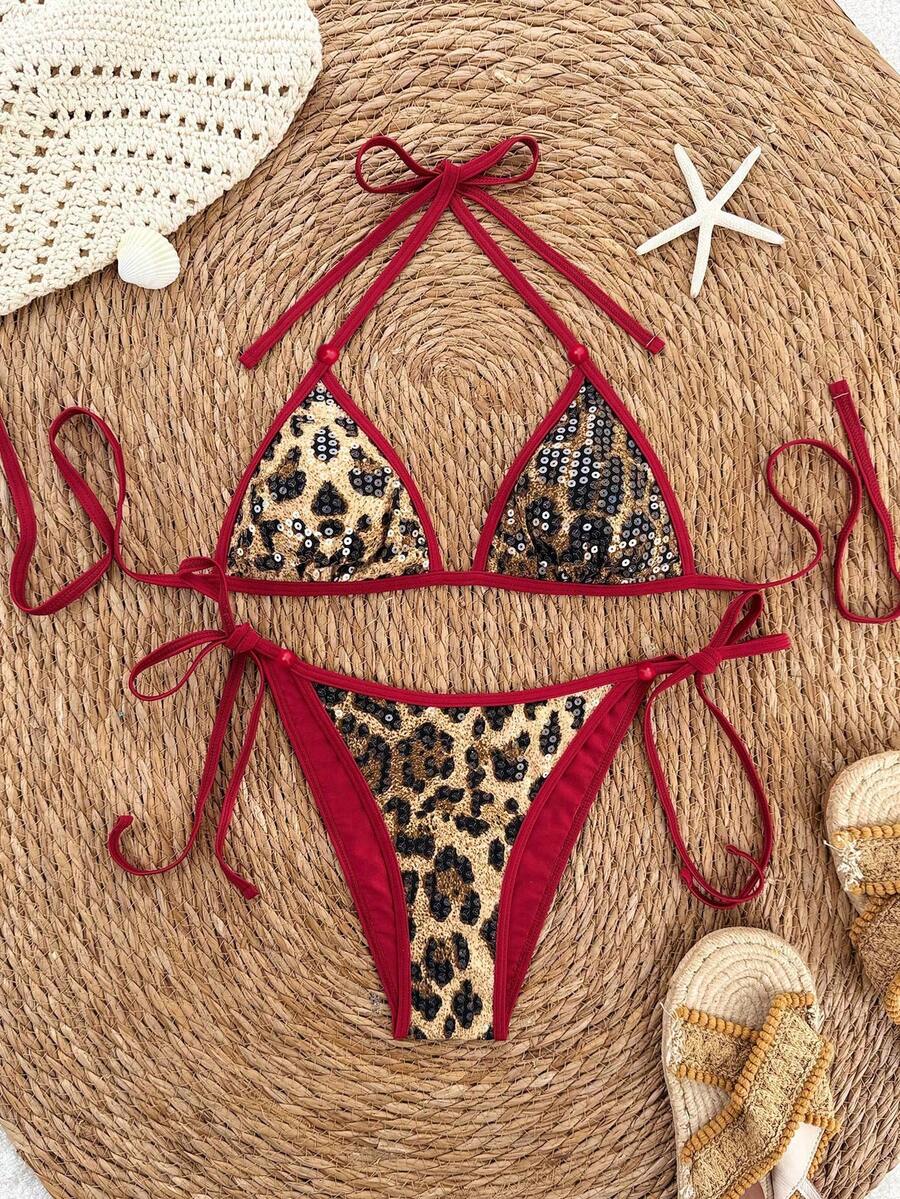 Women's apricot solid halter tie bikini top with triangle cups and matching tie-side swimsuit bottoms.