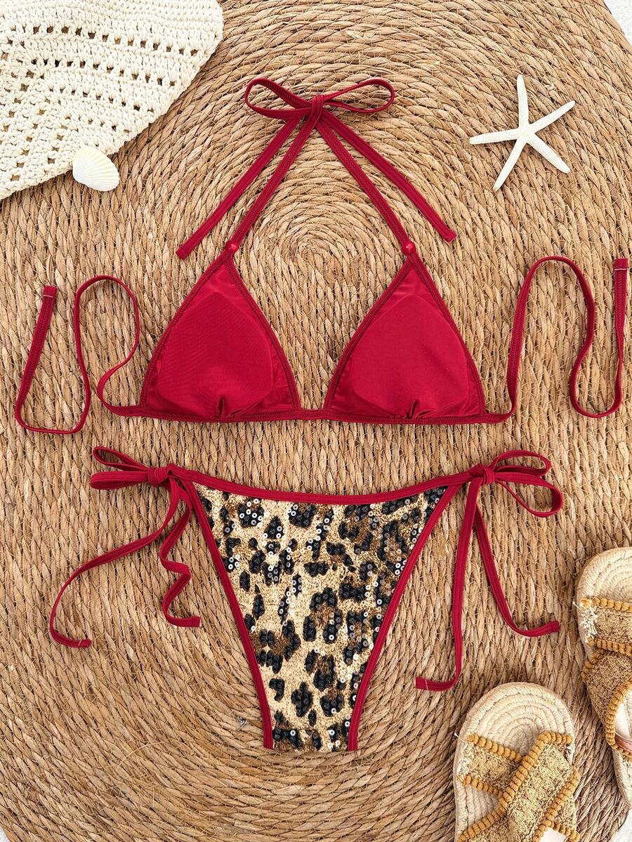 Women's apricot solid halter tie bikini top with triangle cups and matching tie-side swimsuit bottoms.