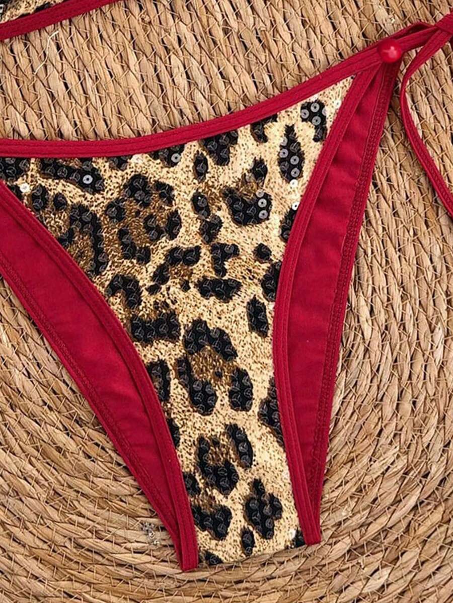 Women's apricot solid halter tie bikini top with triangle cups and matching tie-side swimsuit bottoms.