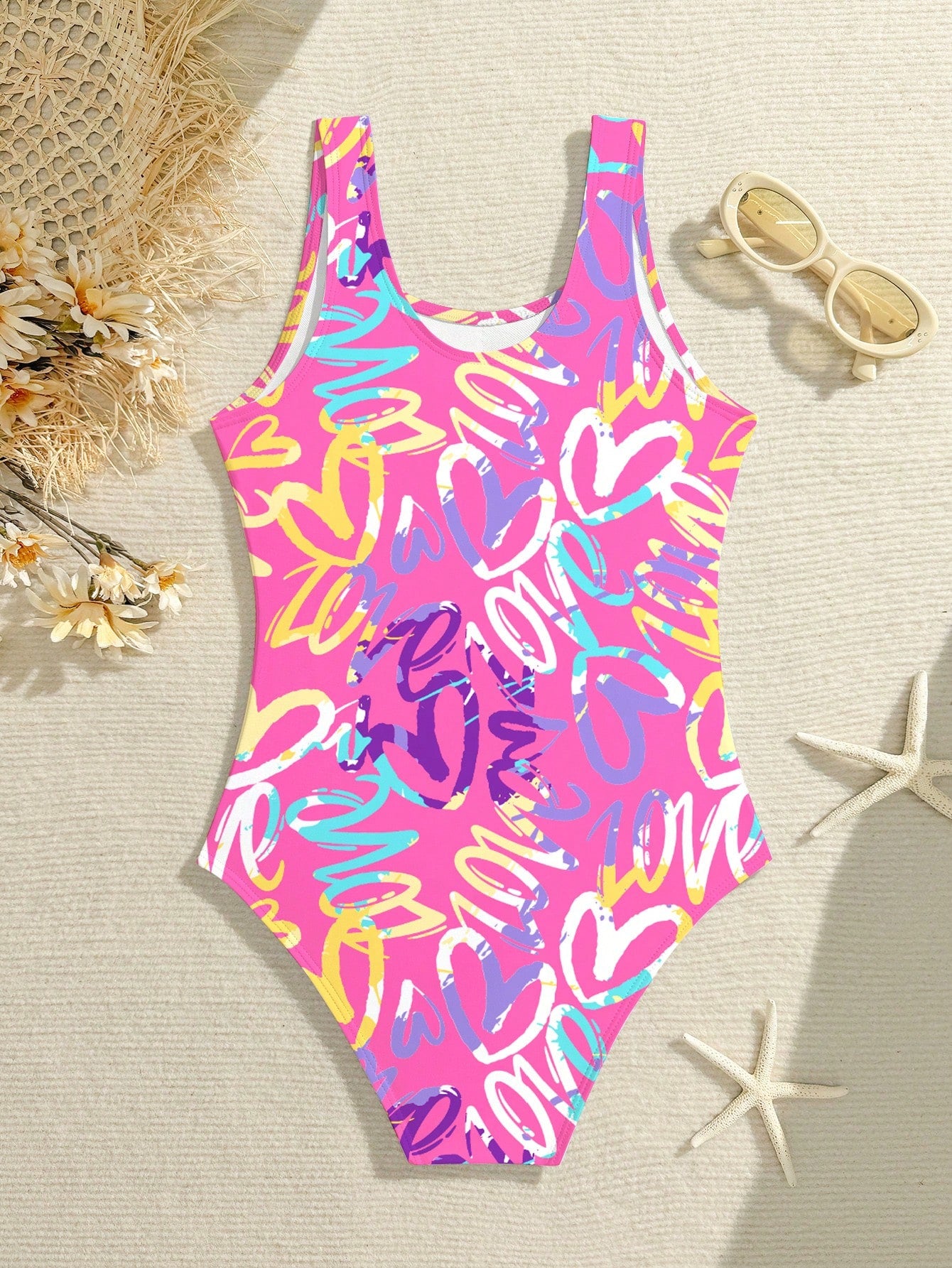 Baby pink girls one piece swimsuit with all over print, scoop neck, cut out detail, fitted shape, and lined body for tween beach and pool wear