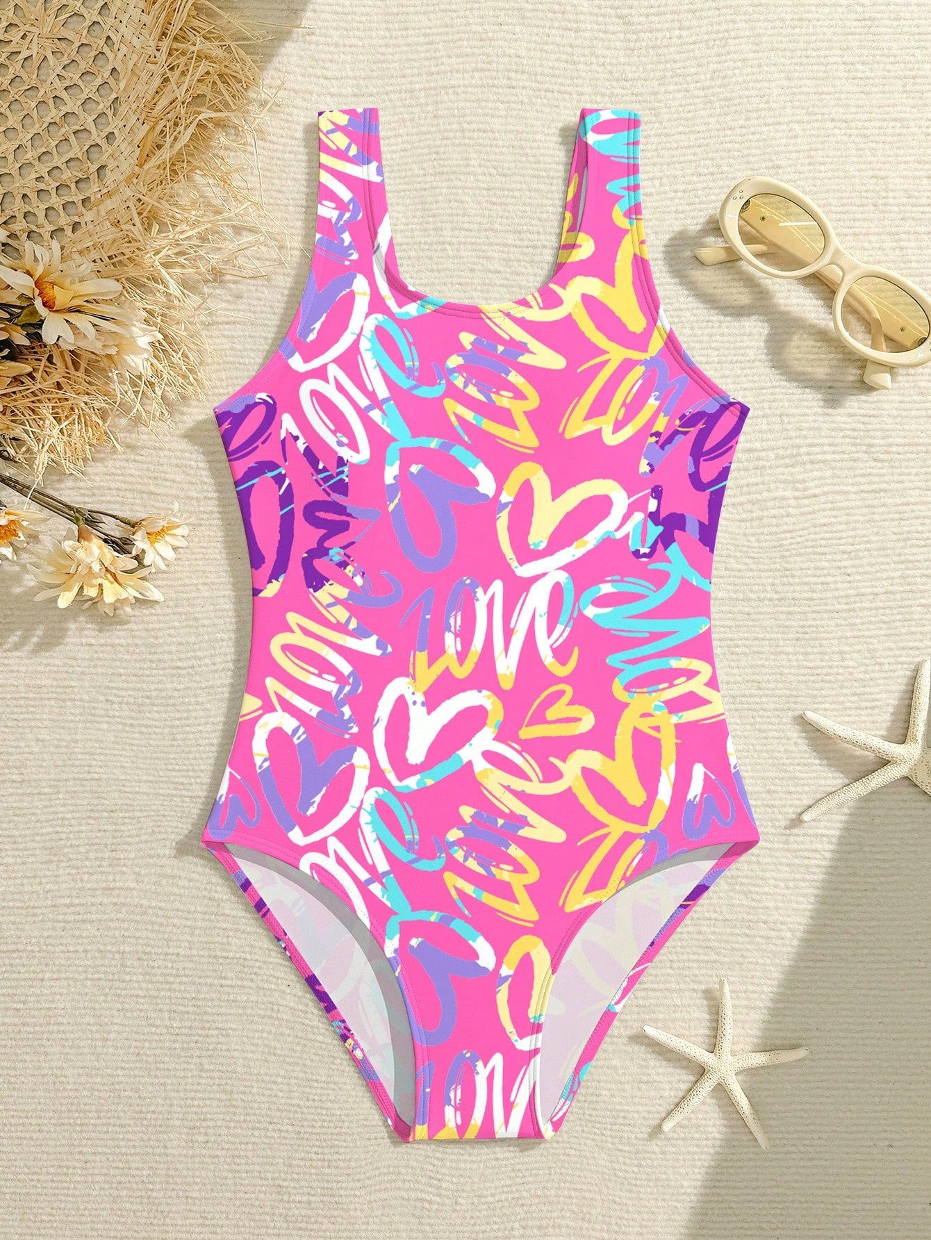Baby pink girls one piece swimsuit with all over print, scoop neck, cut out detail, fitted shape, and lined body for tween beach and pool wear