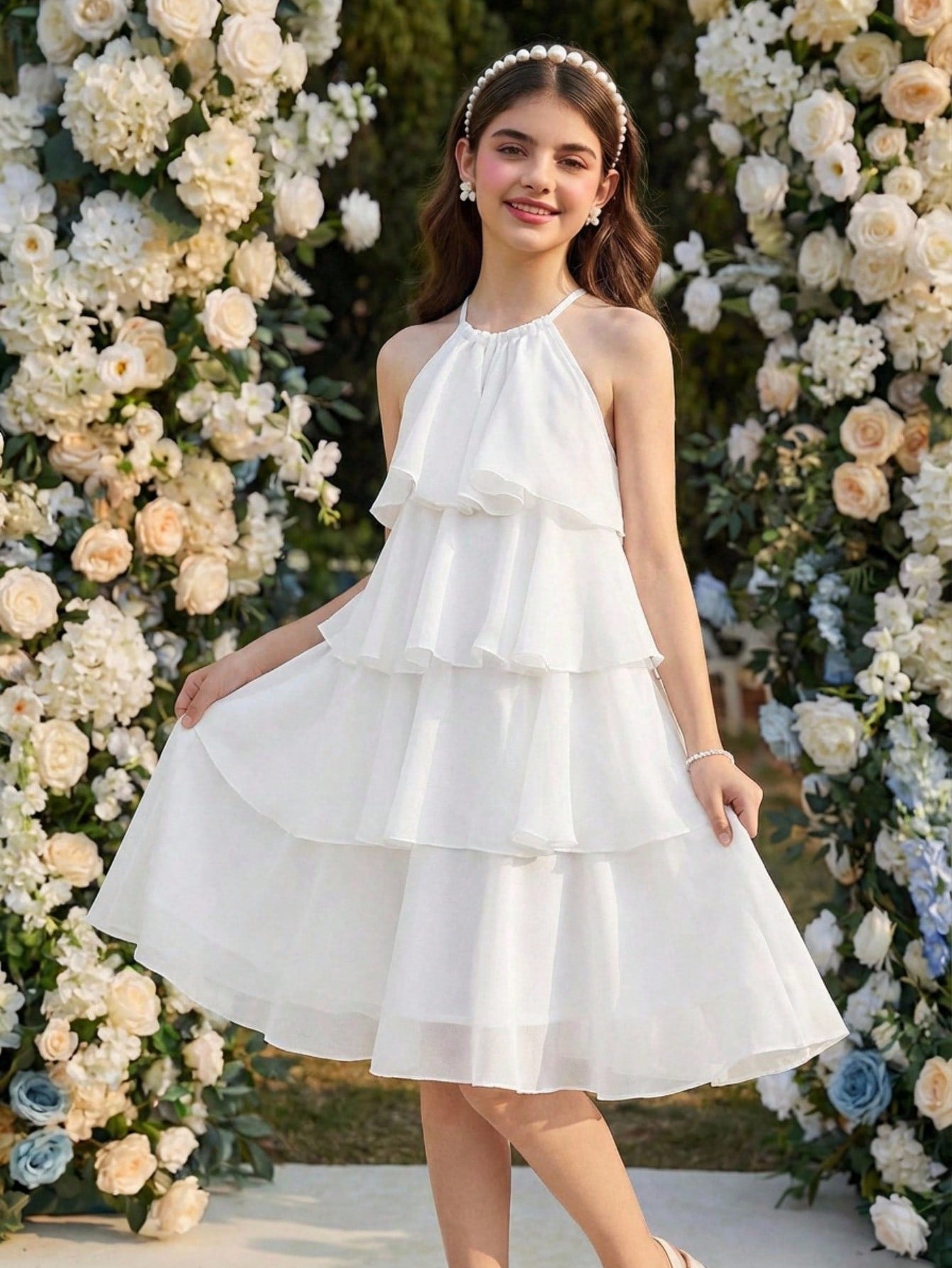 Apricot all-over floral print midi dress for tween girls featuring a sleeveless V-neckline, high waist, button details, and tiered A-line skirt.
