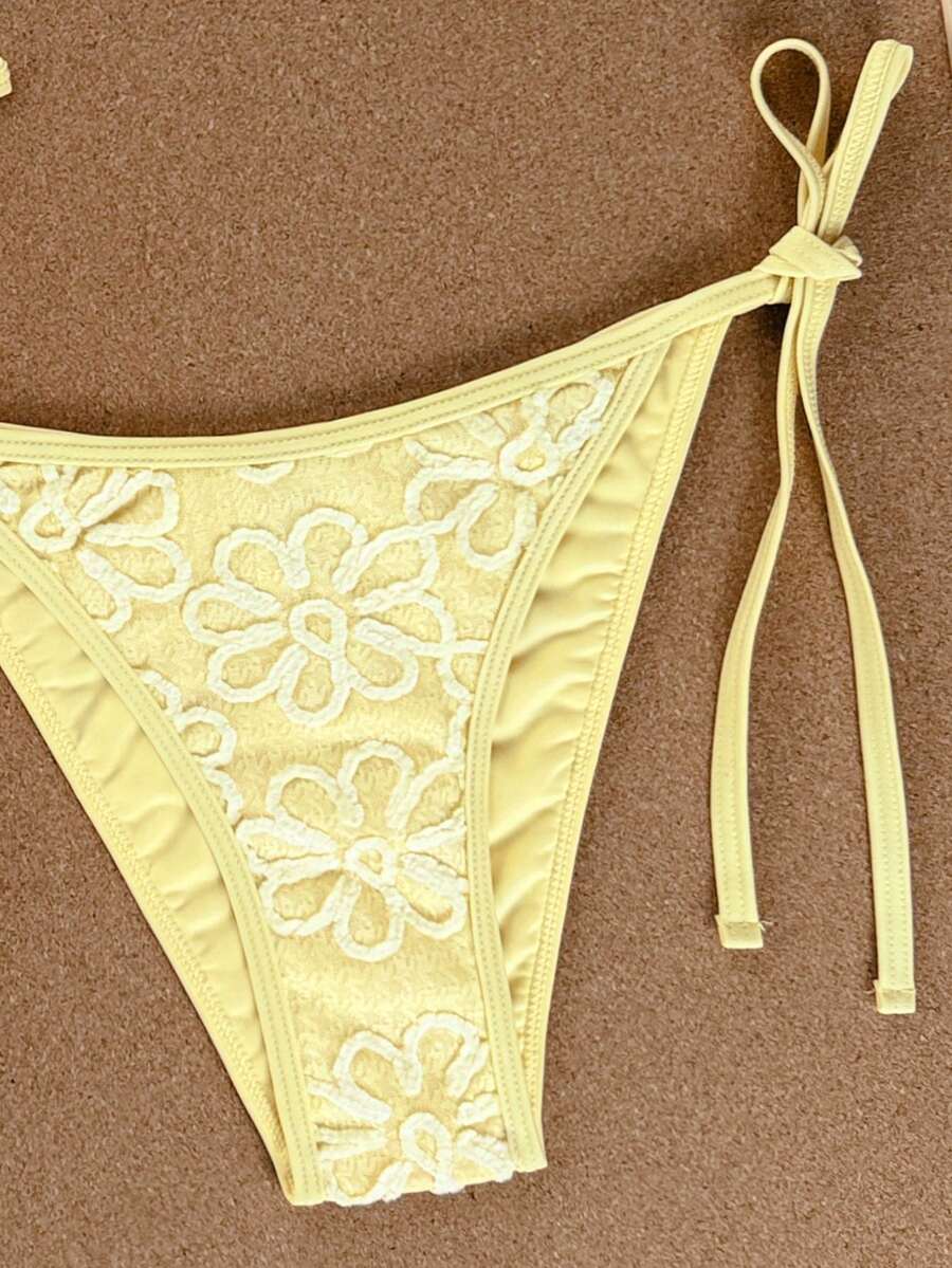 Women's apricot solid halter tie bikini top with triangle cups and matching tie-side swimsuit bottoms.