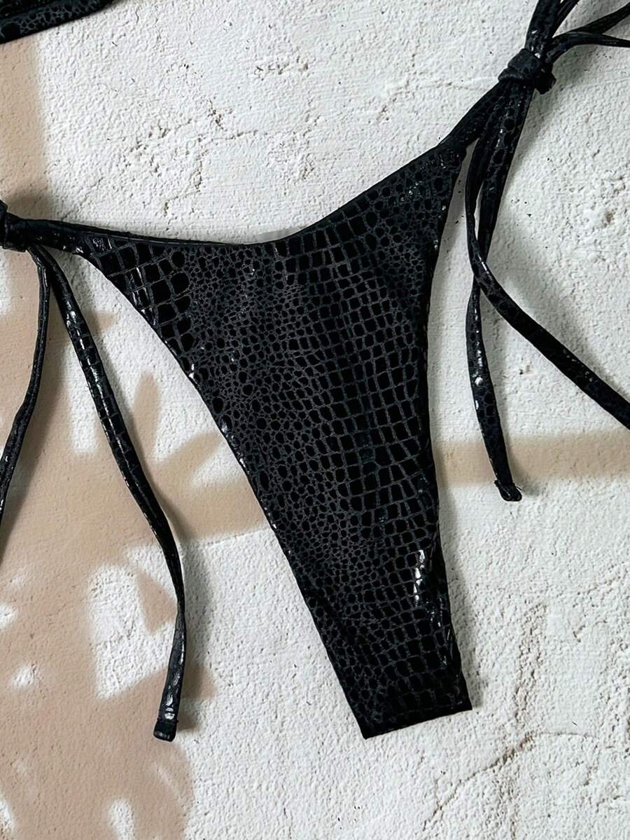 Black 2-piece snakeskin textured halter bikini set for women featuring high waist tie side bottoms and triangle cups.