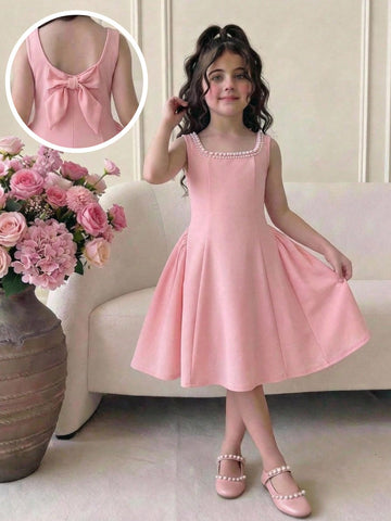Sleeveless pink square neck A-line dress for tween girls featuring pearl embellishments and a high-waist slim fit design.