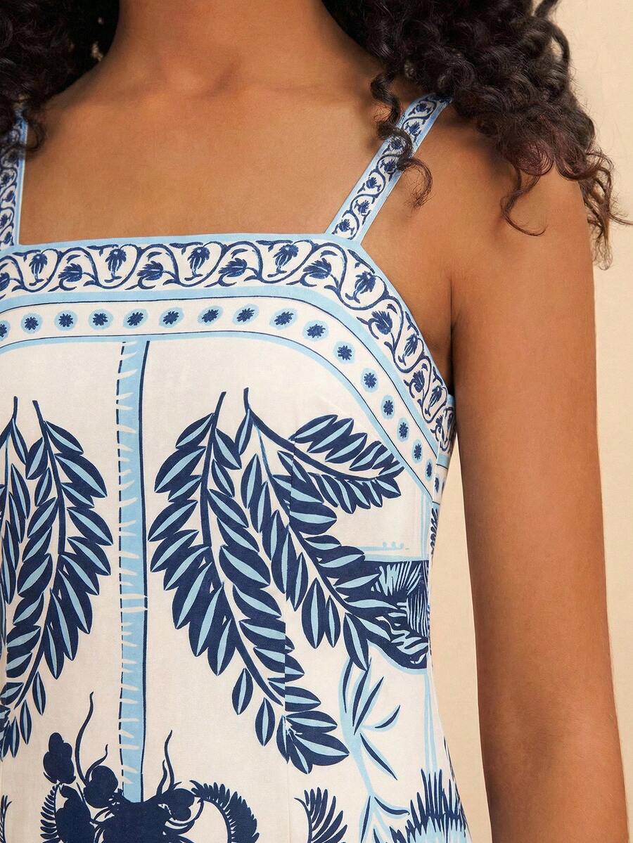 Tween girls' multicolor fruit print cami dress with spaghetti straps, sleeveless slim fit, split detail, natural waist, and long straight hem for vacation wear.