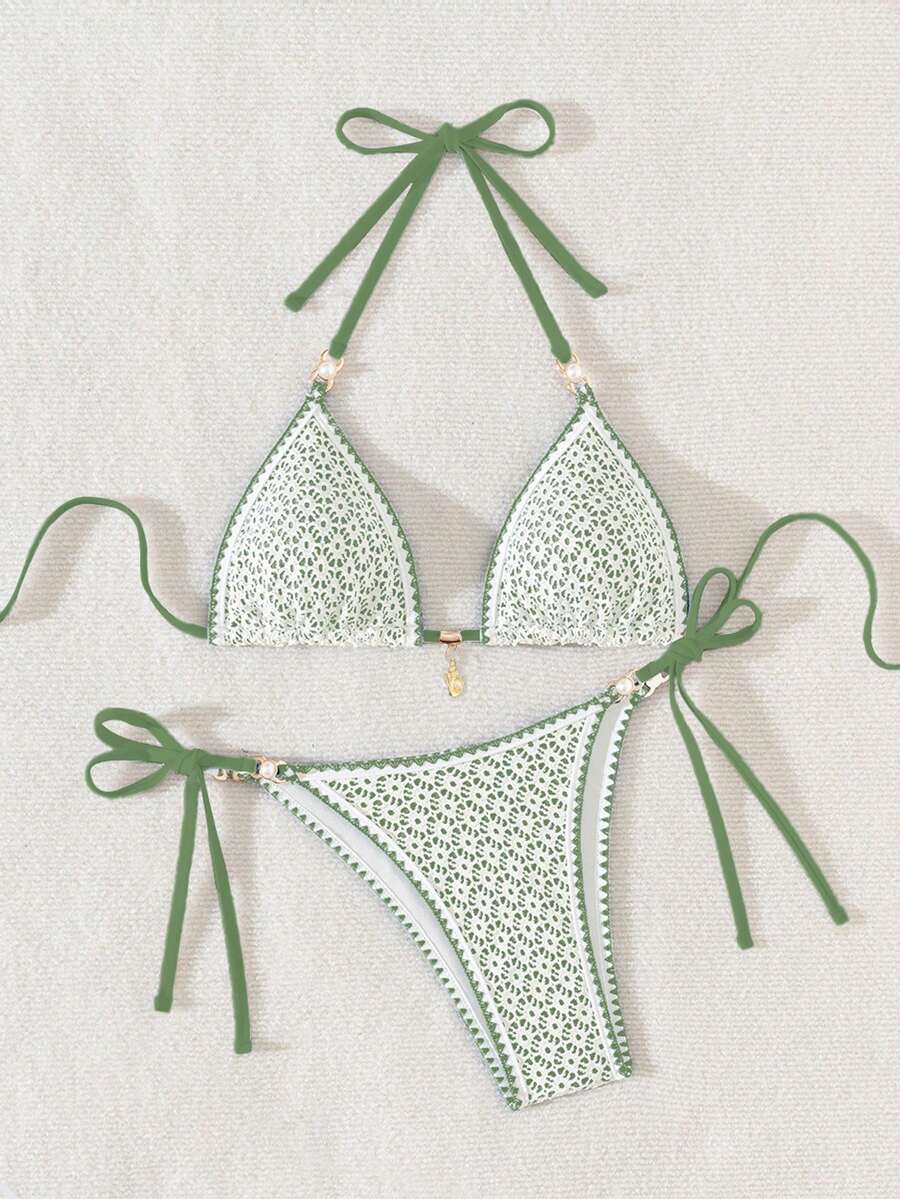 Women's triangle bikini set with contrast lace wireless bra top and ultra high waist tie side bottoms.