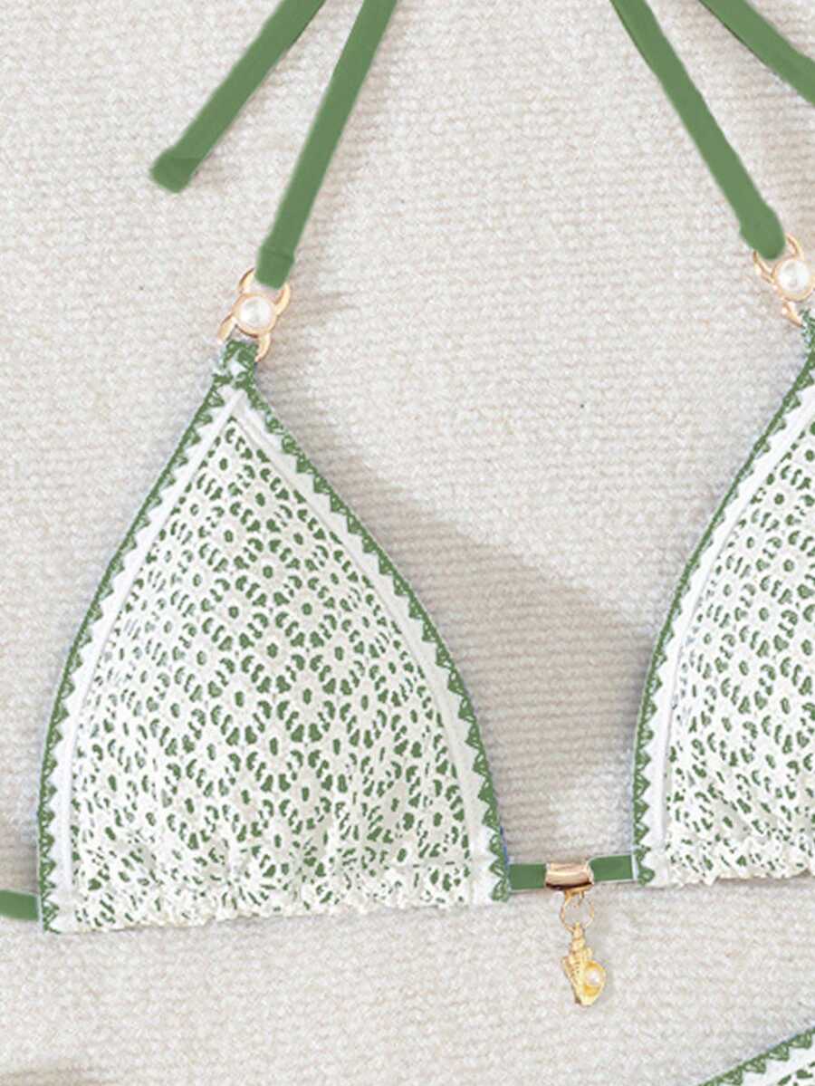 Women's triangle bikini set with contrast lace wireless bra top and ultra high waist tie side bottoms.