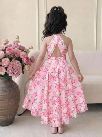 Pink floral print asymmetrical cami dress for tween girls featuring a high waist, sleeveless design, halter neckline, and back zipper.
