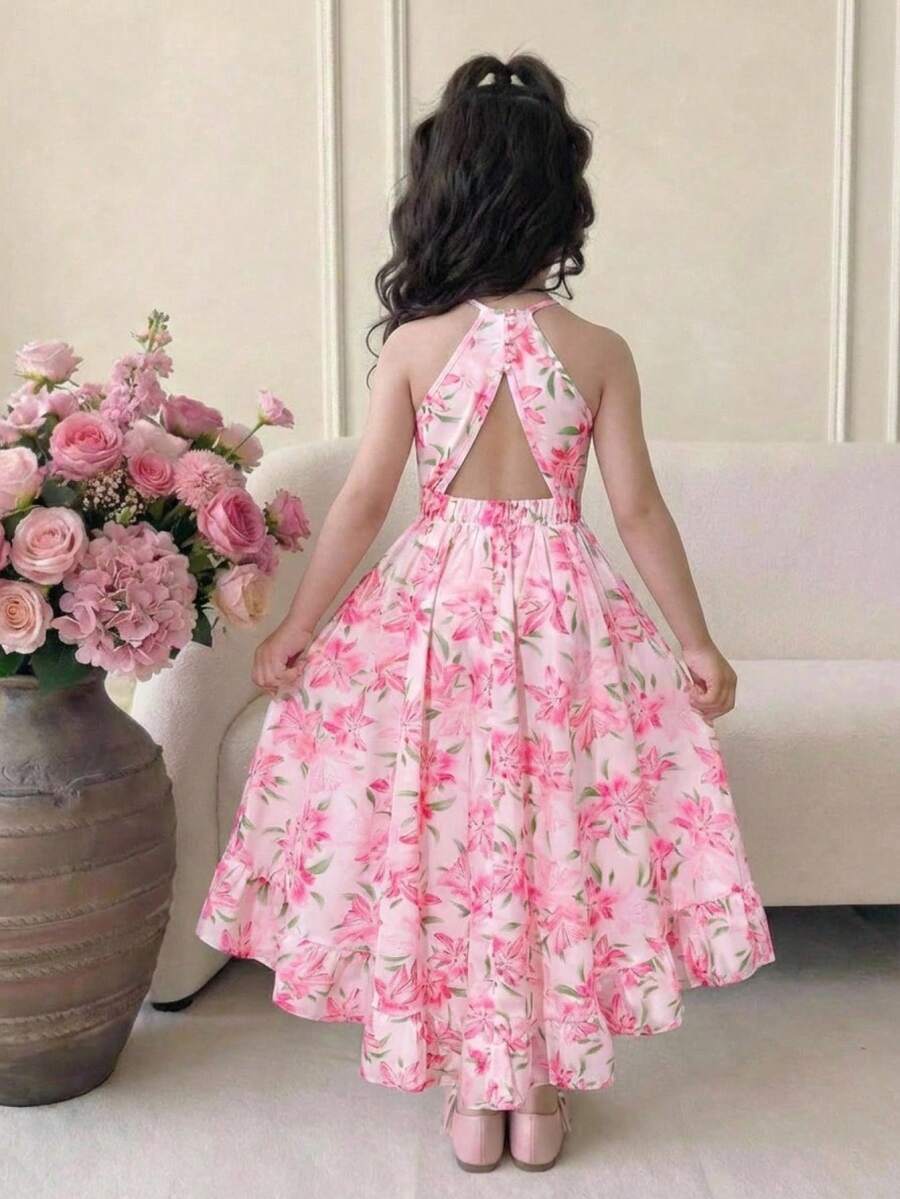 Pink floral print asymmetrical cami dress for tween girls featuring a high waist, sleeveless design, halter neckline, and back zipper.