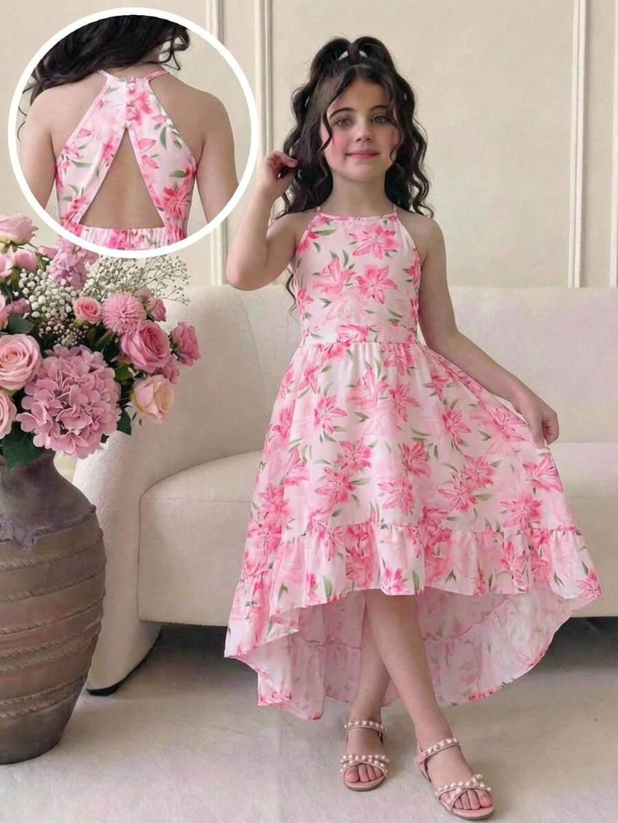 Pink floral print asymmetrical cami dress for tween girls featuring a high waist, sleeveless design, halter neckline, and back zipper.