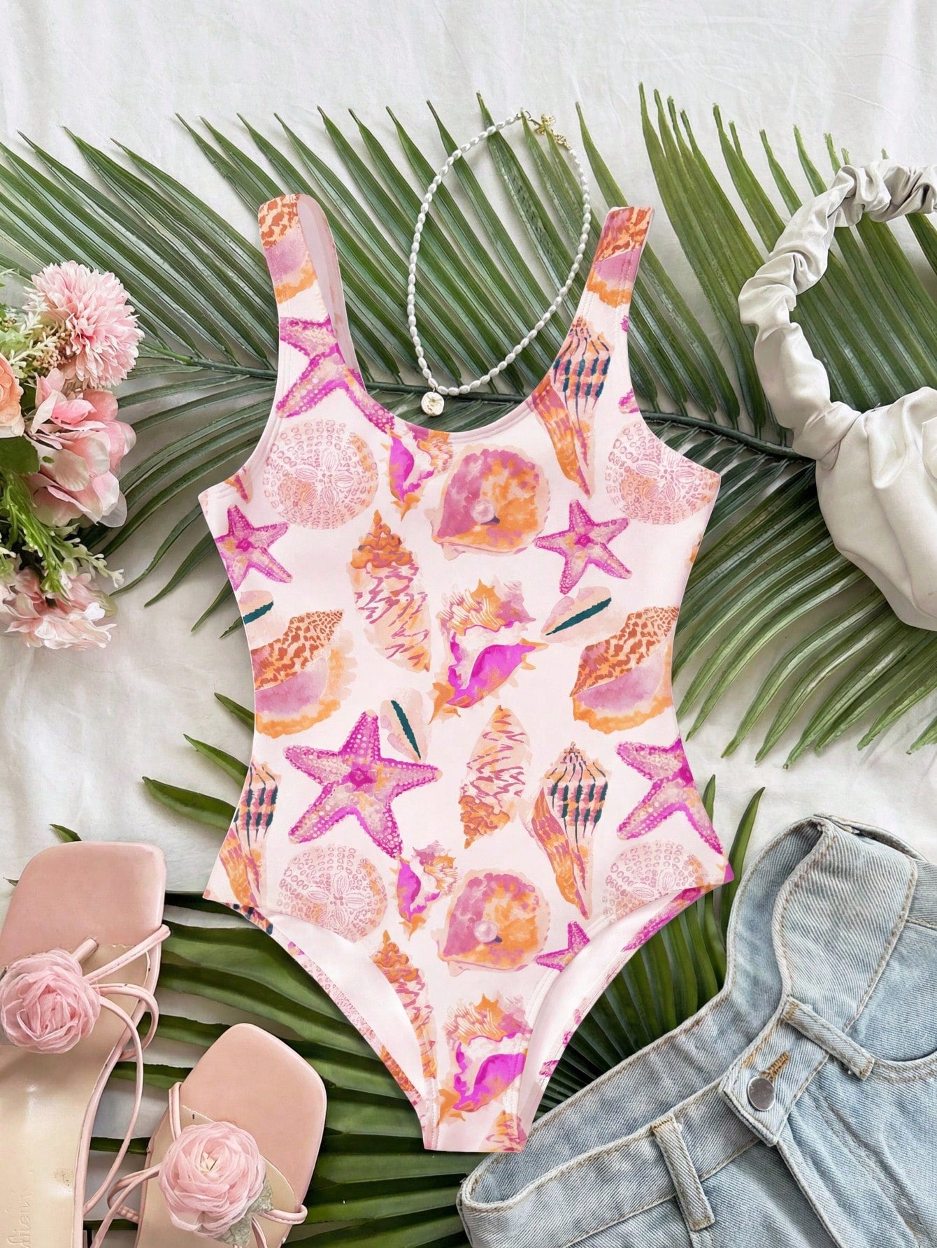 Tween girls multicolor floral one-piece swimsuit with tie shoulder straps, ruffle detail, short bottom, and vacation beach style