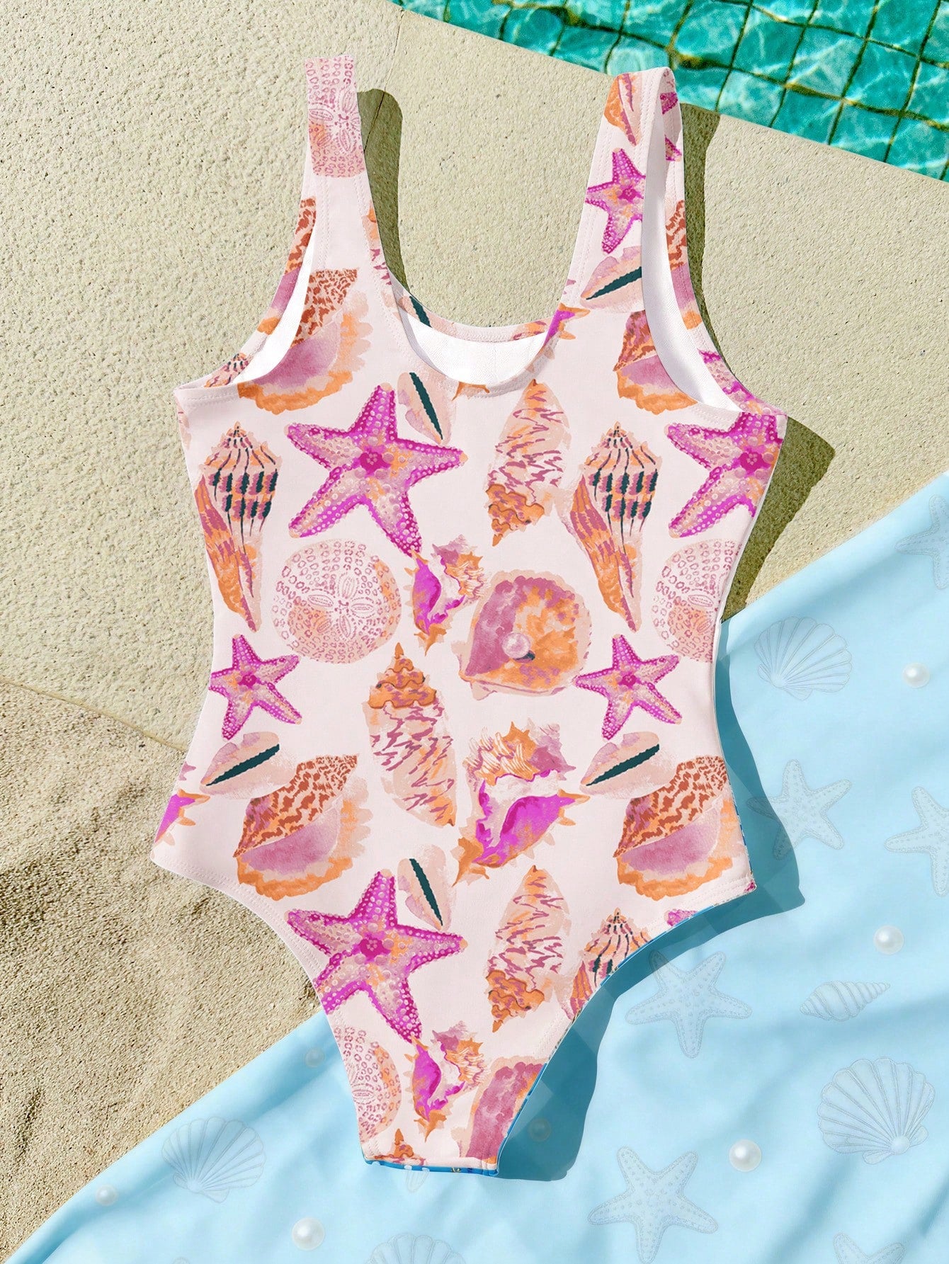 Tween girls multicolor floral one-piece swimsuit with tie shoulder straps, ruffle detail, short bottom, and vacation beach style