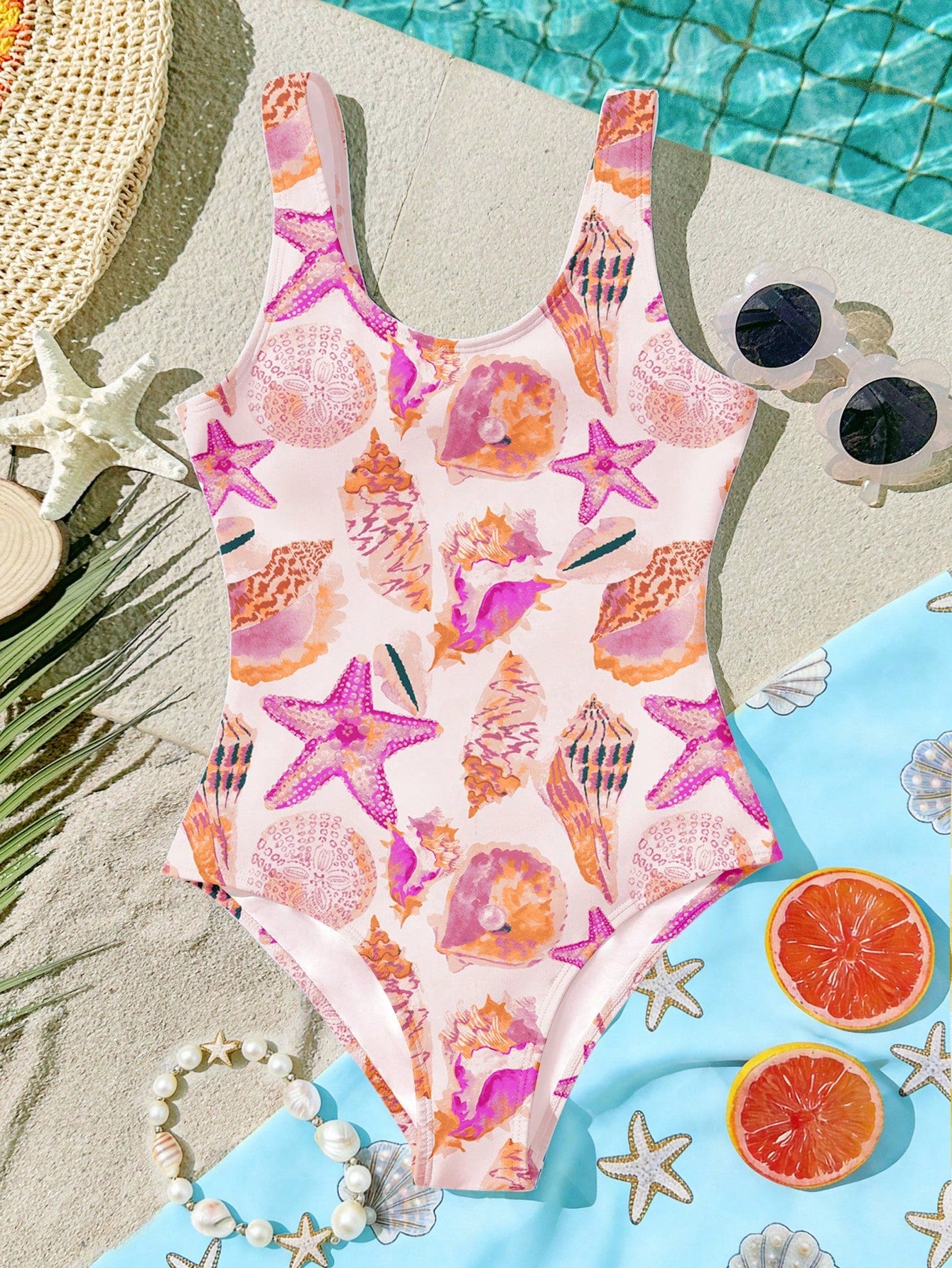 Tween girls multicolor floral one-piece swimsuit with tie shoulder straps, ruffle detail, short bottom, and vacation beach style