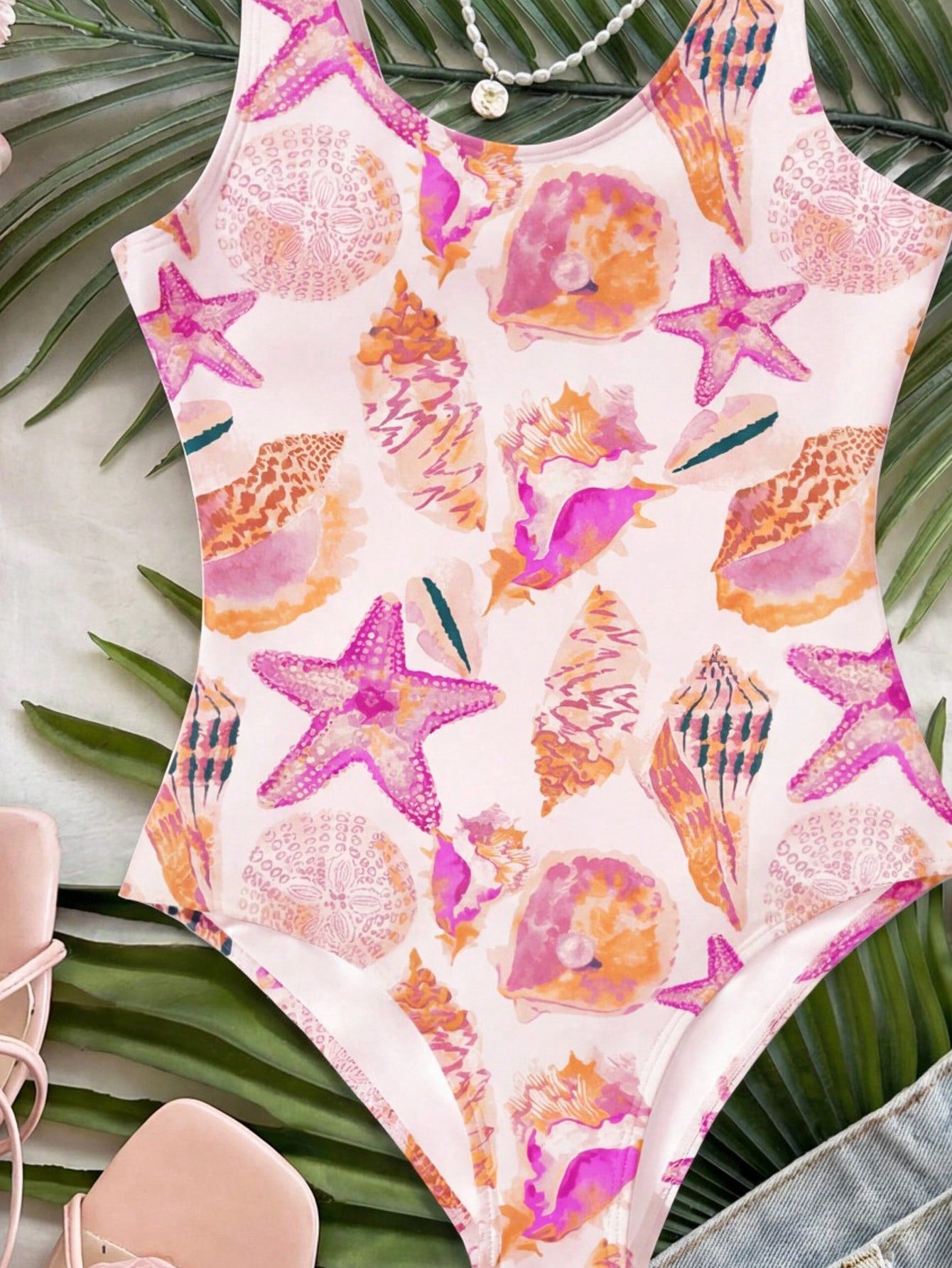 Tween girls multicolor floral one-piece swimsuit with tie shoulder straps, ruffle detail, short bottom, and vacation beach style