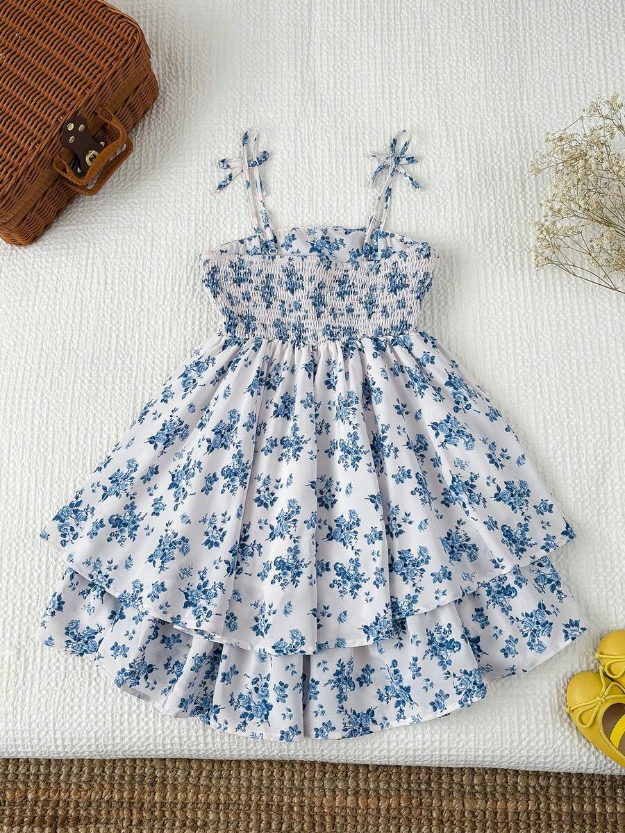 Tween girls apricot tiered cami dress with spaghetti straps, high waist, and slim fit layered hem.