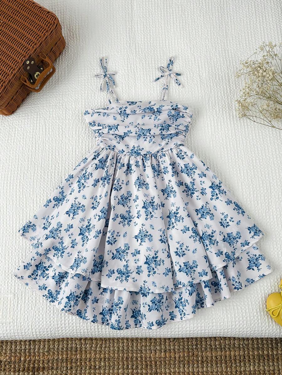 Tween girls apricot tiered cami dress with spaghetti straps, high waist, and slim fit layered hem.