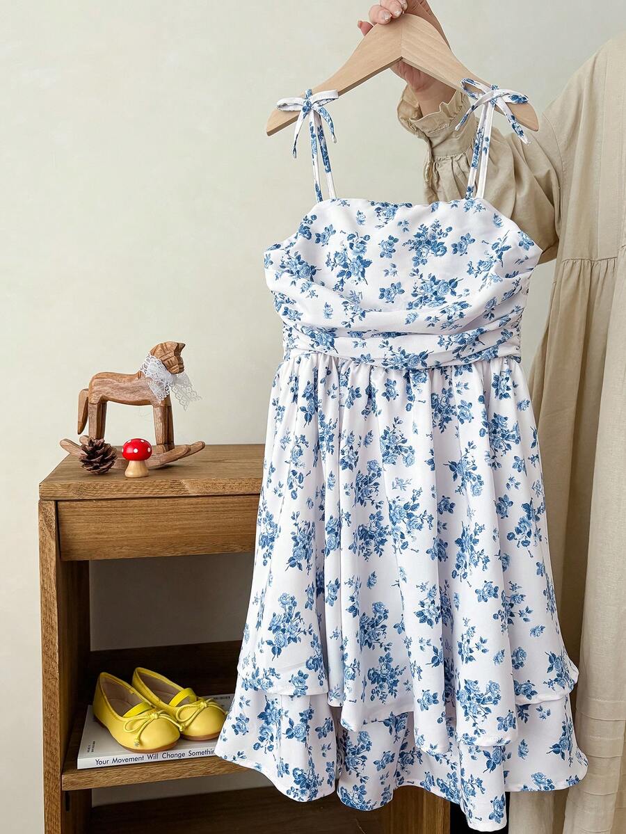 Tween girls apricot tiered cami dress with spaghetti straps, high waist, and slim fit layered hem.
