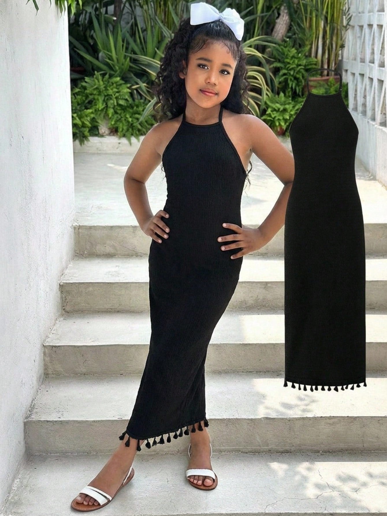 White sleeveless halter maxi dress for tween girls with slim fit, plain textured fabric, natural waist, pencil hem, and side split for summer daily wear and vacation outfits.