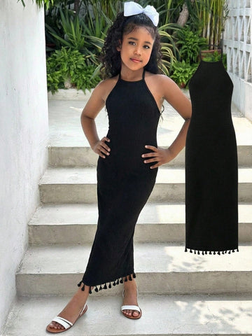 White sleeveless halter maxi dress for tween girls with slim fit, plain textured fabric, natural waist, pencil hem, and side split for summer daily wear and vacation outfits.