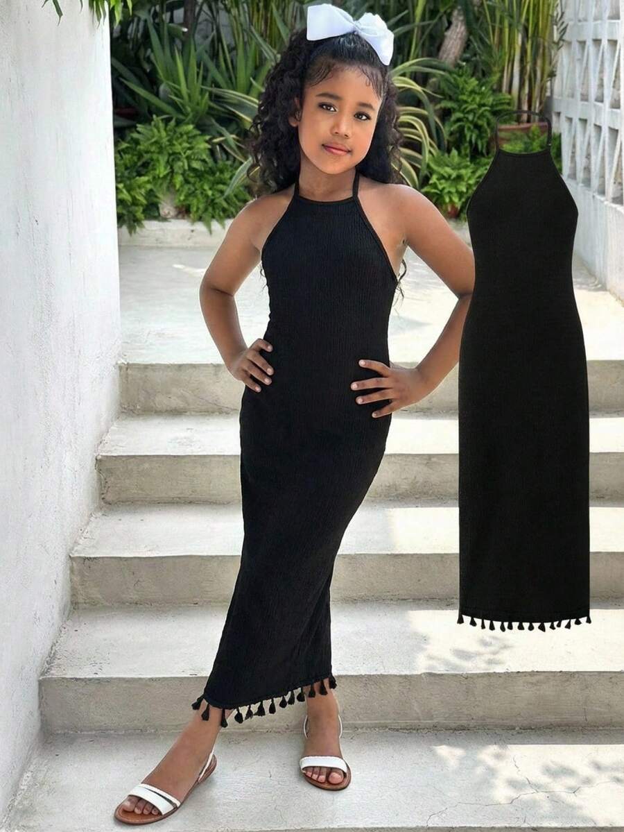 White sleeveless halter maxi dress for tween girls with slim fit, plain textured fabric, natural waist, pencil hem, and side split for summer daily wear and vacation outfits.